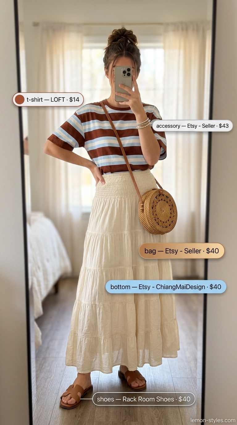 Striped Summer T-Shirt Outfit for Women 2026: Boho Beach Striped summer t-shirt outfit for women 2026: rust & cream tee, tiered maxi skirt, suede slides for boho beach.