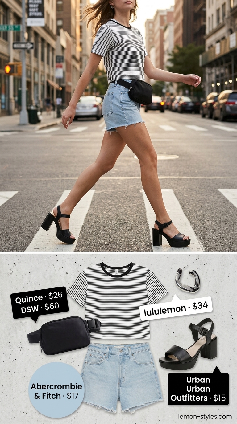 Striped Summer T-Shirt Outfit for Women 2026: City Break Style Striped summer t-shirt outfit for women 2026: black & white tee, denim shorts, platform sandals for city breaks.