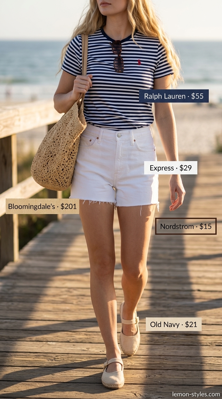 Striped Summer T-Shirt Outfit for Women 2026: Coastal Charm Striped summer t-shirt outfit for women 2026: navy & white tee, white denim shorts, espadrille flats for coastal charm.