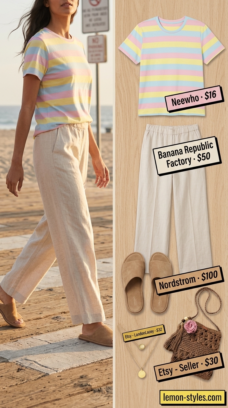 Striped Summer T-Shirt Outfit for Women 2026: Coastal Lounge Striped summer t-shirt outfit for women 2026: pastel striped tee, linen pants, straw bag for coastal lounge.