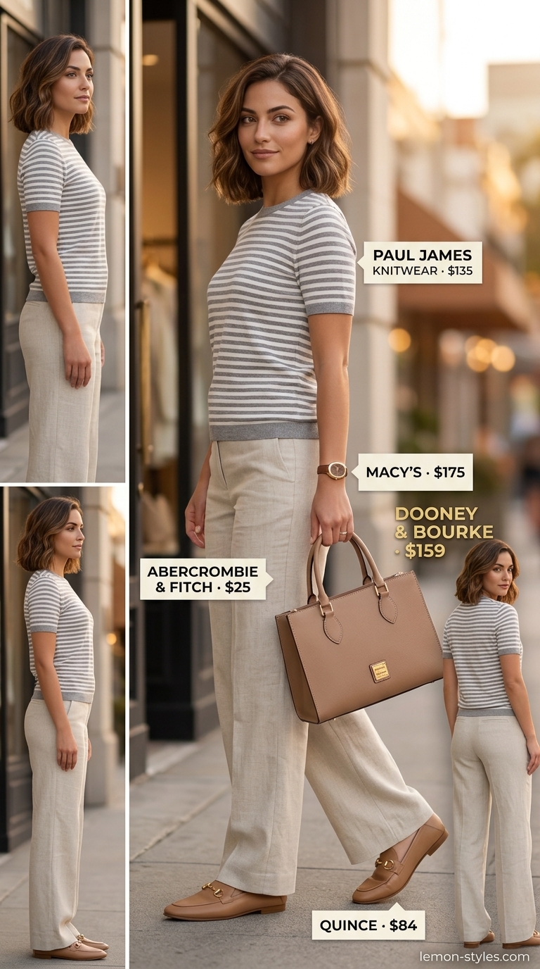 Striped Summer T-Shirt Outfit for Women 2026: Elevated Ease Striped summer t-shirt outfit for women 2026: grey & white tee, linen trousers, loafers for polished ease.