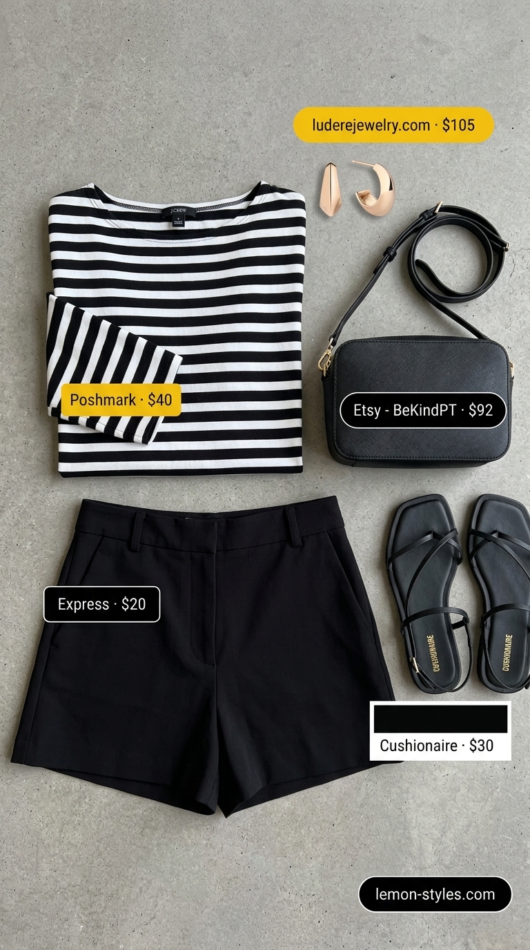Evening T-Shirt Outfit 2026 Striped summer t-shirt outfit for women 2026: Black & white boat-neck tee with tailored shorts, strappy sandals, and crossbody bag for evening.