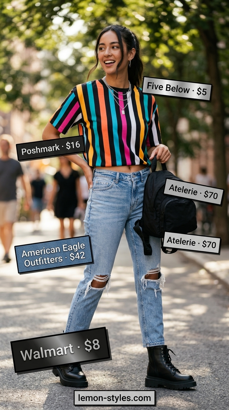 Striped summer t-shirt outfit for women 2026: rainbow tee, distressed mom jeans, combat boots for festival.