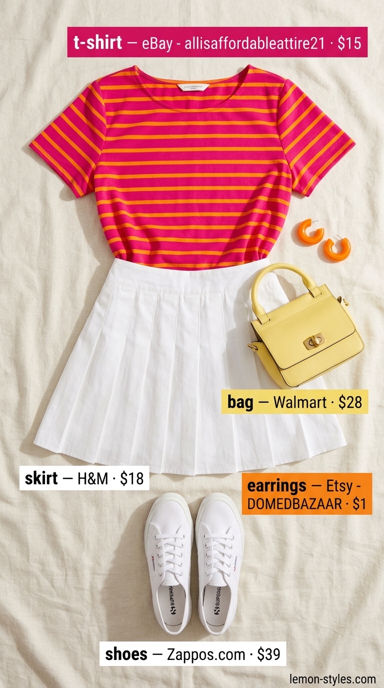 Playful T-Shirt Outfit 2026 Striped summer t-shirt outfit for women 2026: Fuchsia & orange tee with white tennis skirt, sneakers, and mini crossbody for a fun outing.