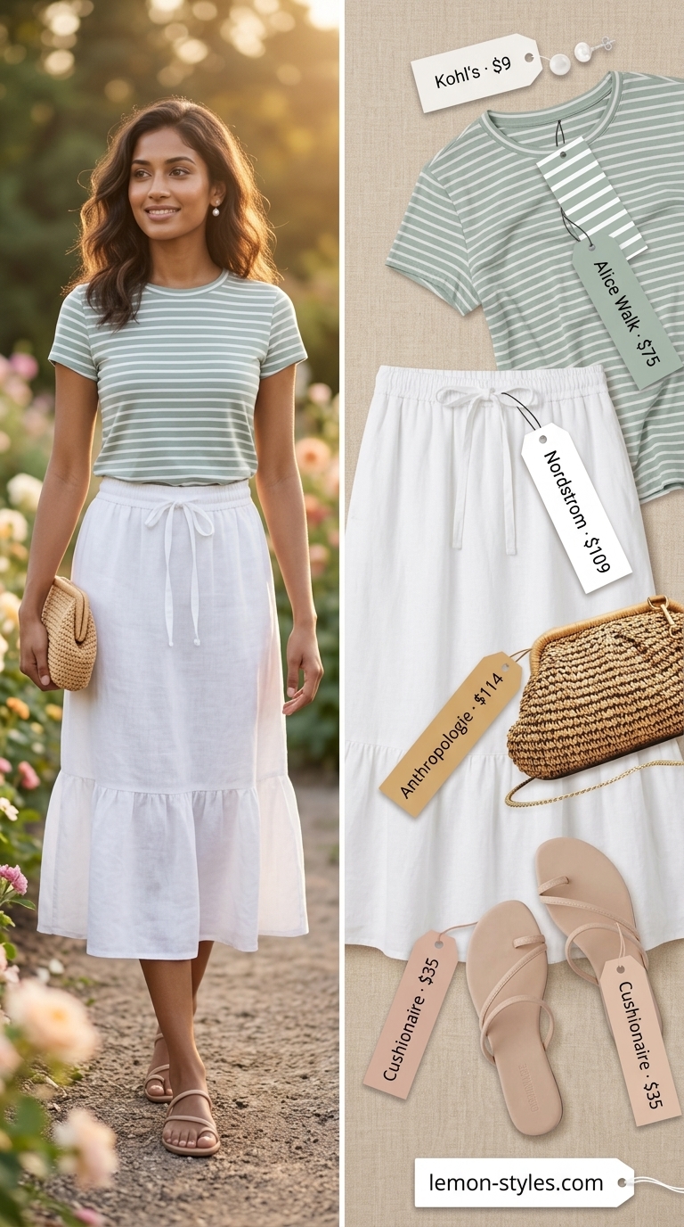 Garden Party Chic: Striped Summer T-Shirt Outfit 2026 Striped summer t-shirt outfit for women 2026: Sage green & white tee with linen midi skirt for a garden party.