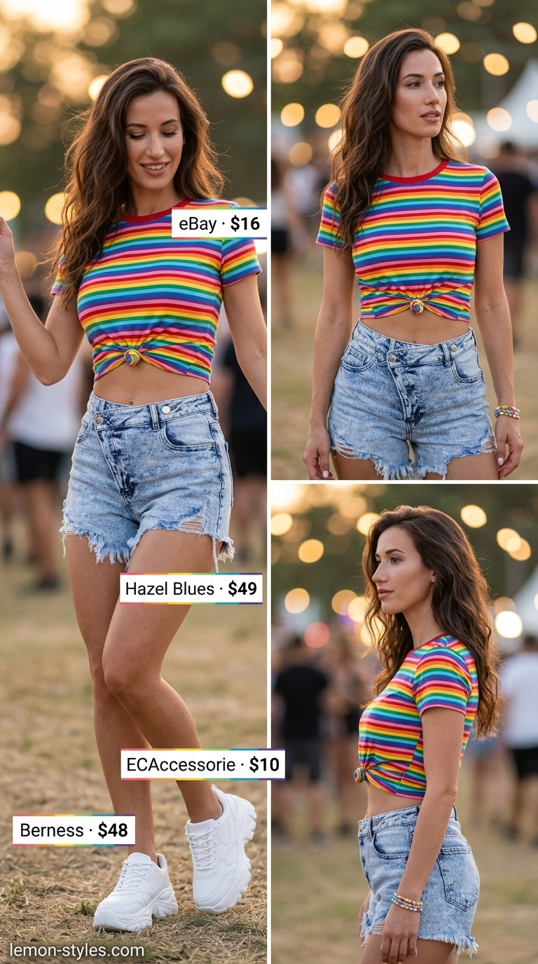 Festival T-Shirt Outfit 2026 Striped summer t-shirt outfit for women 2026: Rainbow tee with distressed denim shorts, platform sneakers, and fringe bag for festival.