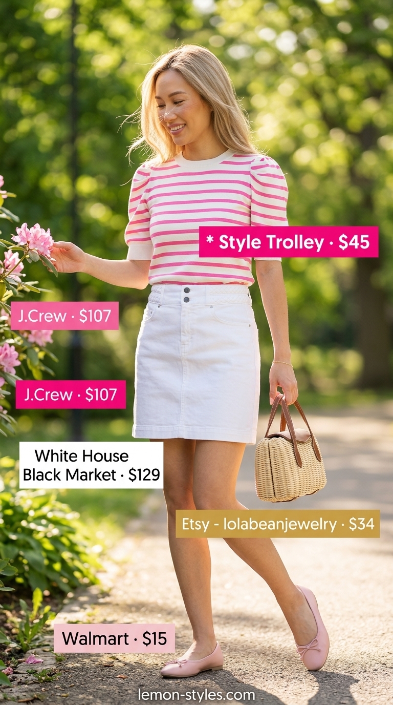 Picnic Date T-Shirt Outfit 2026 Striped summer t-shirt outfit for women 2026: Pink & white fitted tee with white denim mini skirt, wicker bag, and ballet flats for a picnic.