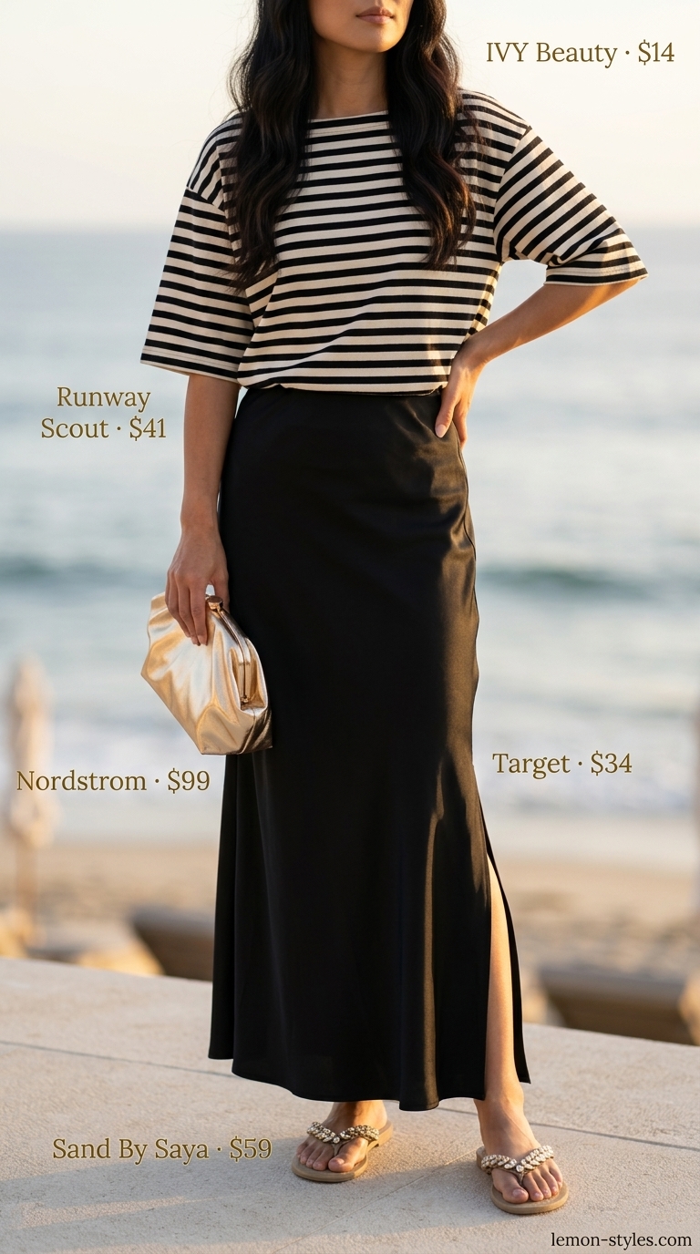 Striped Summer T-Shirt Outfit for Women 2026: Resort Glam Striped summer t-shirt outfit for women 2026: oversized striped tee, black maxi skirt, embellished sandals for resort glam.
