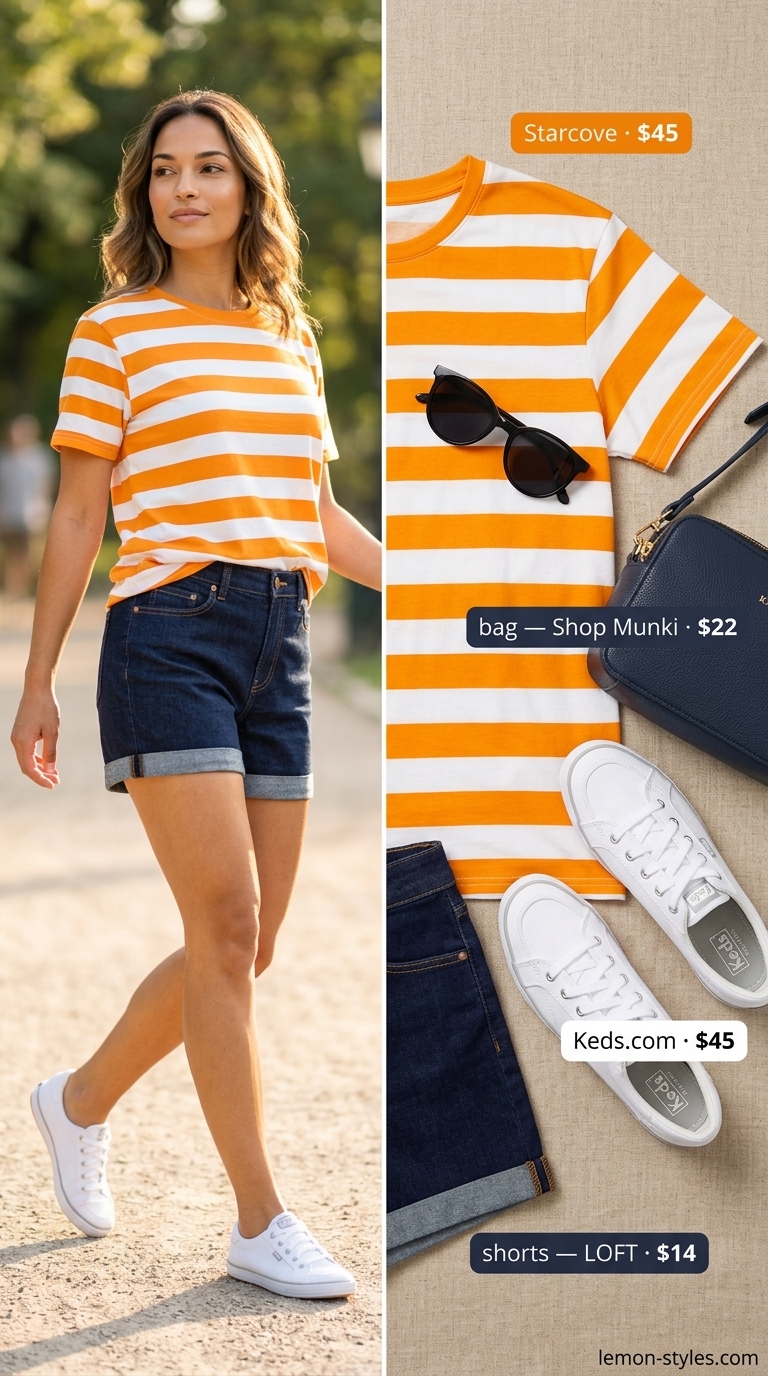 Retro Summer T-Shirt Outfit 2026 Striped summer t-shirt outfit for women 2026: Orange & white tee with denim shorts, sneakers, and crossbody bag for a retro park day.