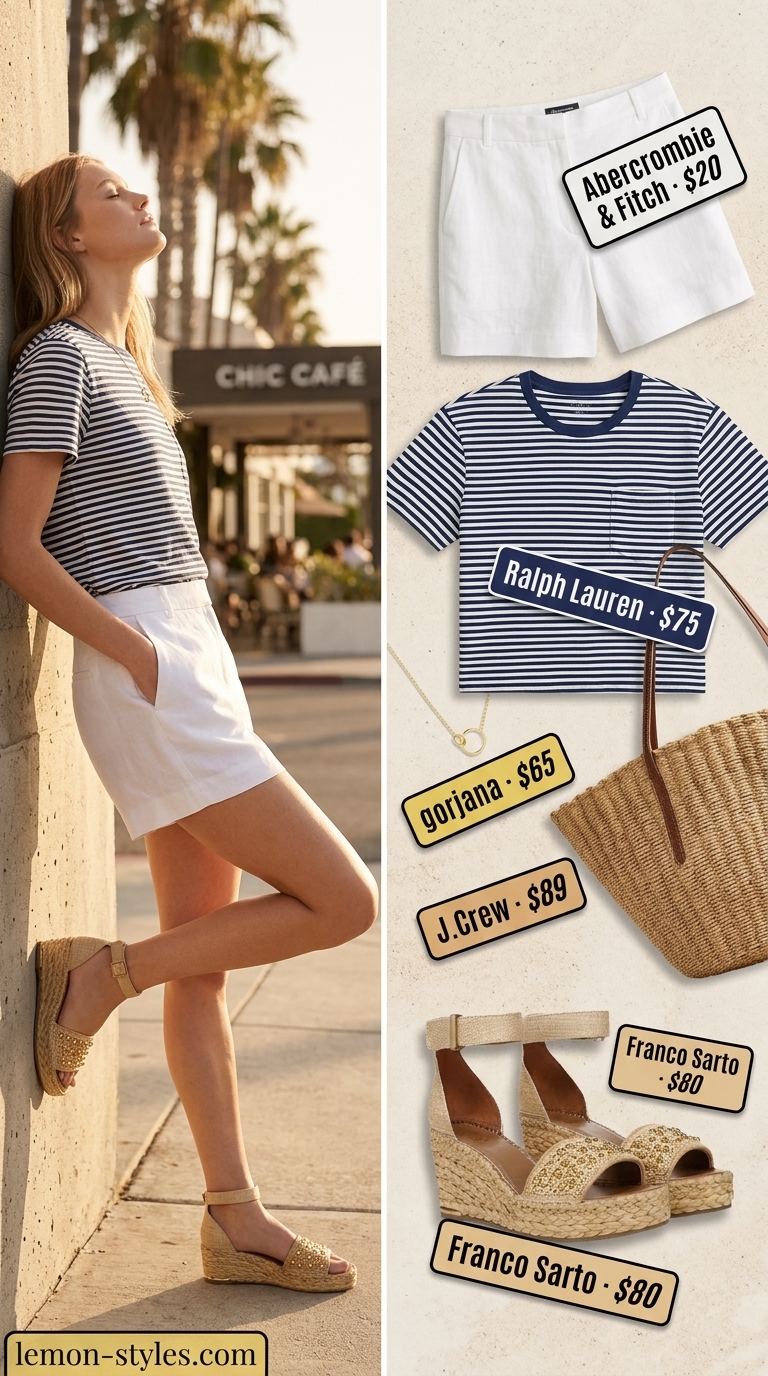 Striped Summer T-Shirt Outfit for Women 2026: Riviera Brunch Striped summer t-shirt outfit for women 2026: navy & white tee, white linen shorts, espadrilles for Riviera brunch.