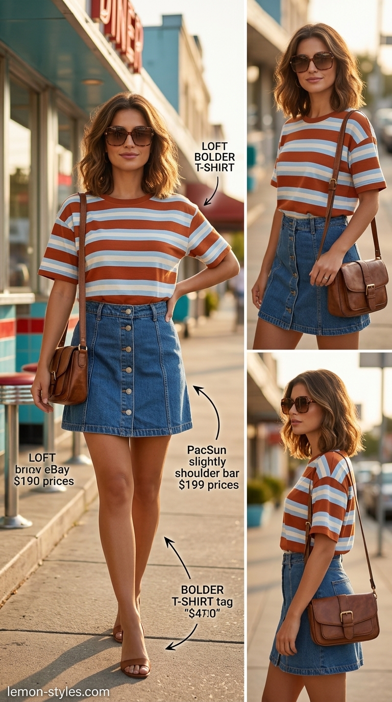 Road Trip T-Shirt Outfit 2026 Striped summer t-shirt outfit for women 2026: Burnt orange, cream, brown stripes tee with denim mini skirt, ankle boots, and shoulder bag.