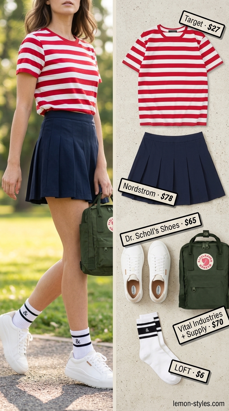 Sporty Prep T-Shirt Outfit 2026 Striped summer t-shirt outfit for women 2026: Red & white tee with navy tennis skirt, sneakers, and backpack for sporty prep.