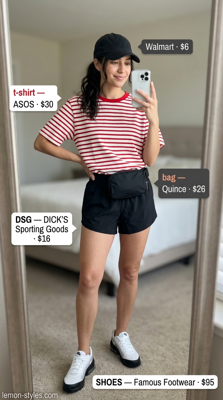 Sporty Weekend: Striped Summer T-Shirt Outfit 2026 Striped summer t-shirt outfit for women 2026: Red & white tee with black athletic shorts for sporty weekends.