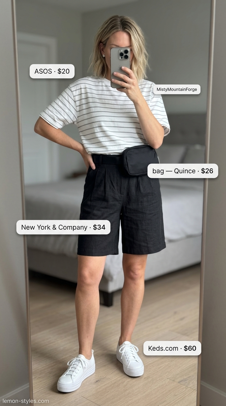 Striped Summer T-Shirt Outfit for Women 2026: Urban Edge Striped summer t-shirt outfit for women 2026: grey & white tee, black Bermuda shorts, sneakers for urban edge.