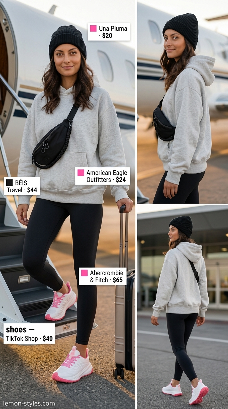 Stylish airport outfits summer for women 2026: Athleisure look with grey hoodie, black leggings, beanie, belt bag, and white sneakers.