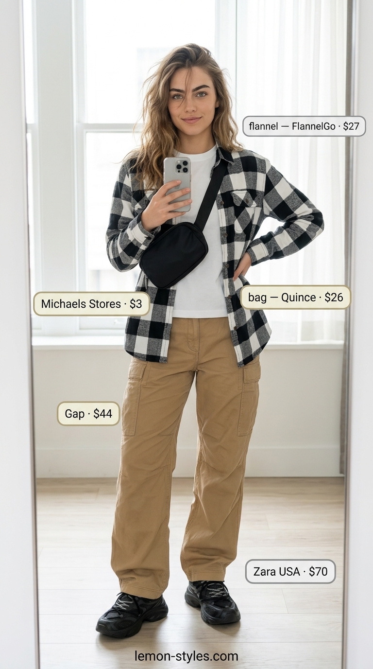 Stylish airport outfits summer for women 2026: Khaki cargo pants, plaid shirt, sneakers for casual travel.