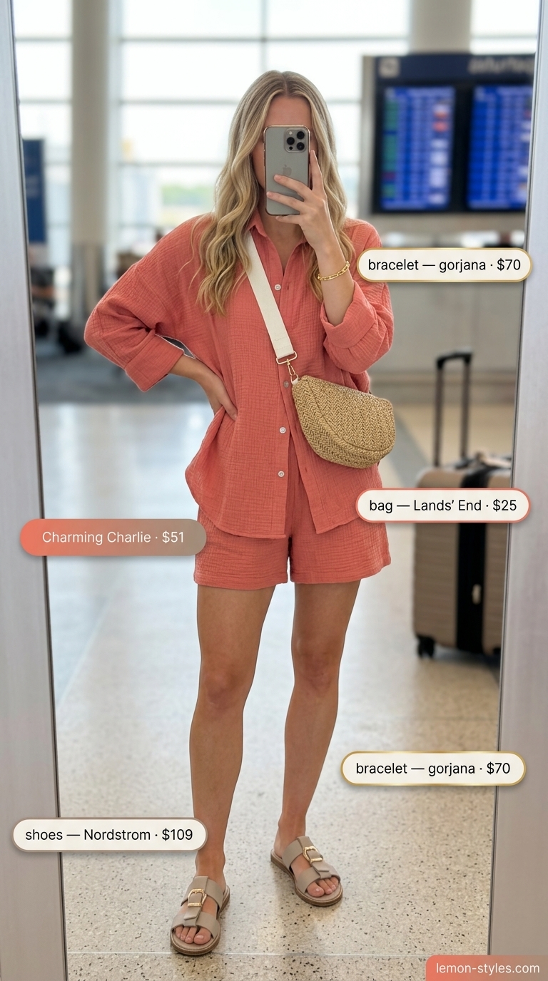 Stylish airport outfits summer for women 2026: Coral shorts set, linen shirt, leather slides for beach vacation.