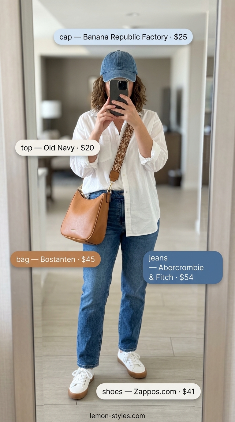 Stylish airport outfits summer for women 2026: Denim jeans, white oversized shirt, canvas sneakers, and crossbody bag.