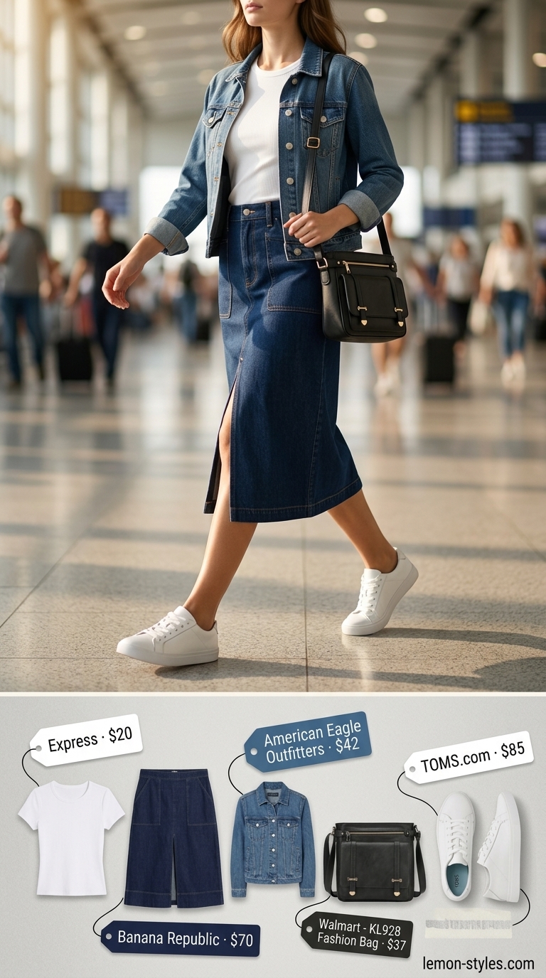 Stylish airport outfits summer for women 2026: Denim skirt, white tee, denim jacket for city exploration.