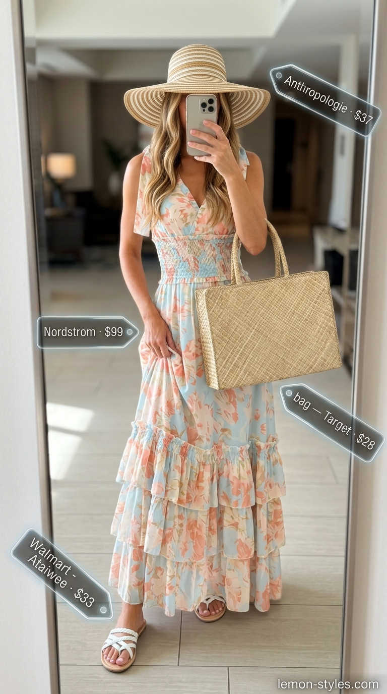 Stylish airport outfits summer for women 2026: Teal floral maxi dress for beach vacation with straw hat and tote.