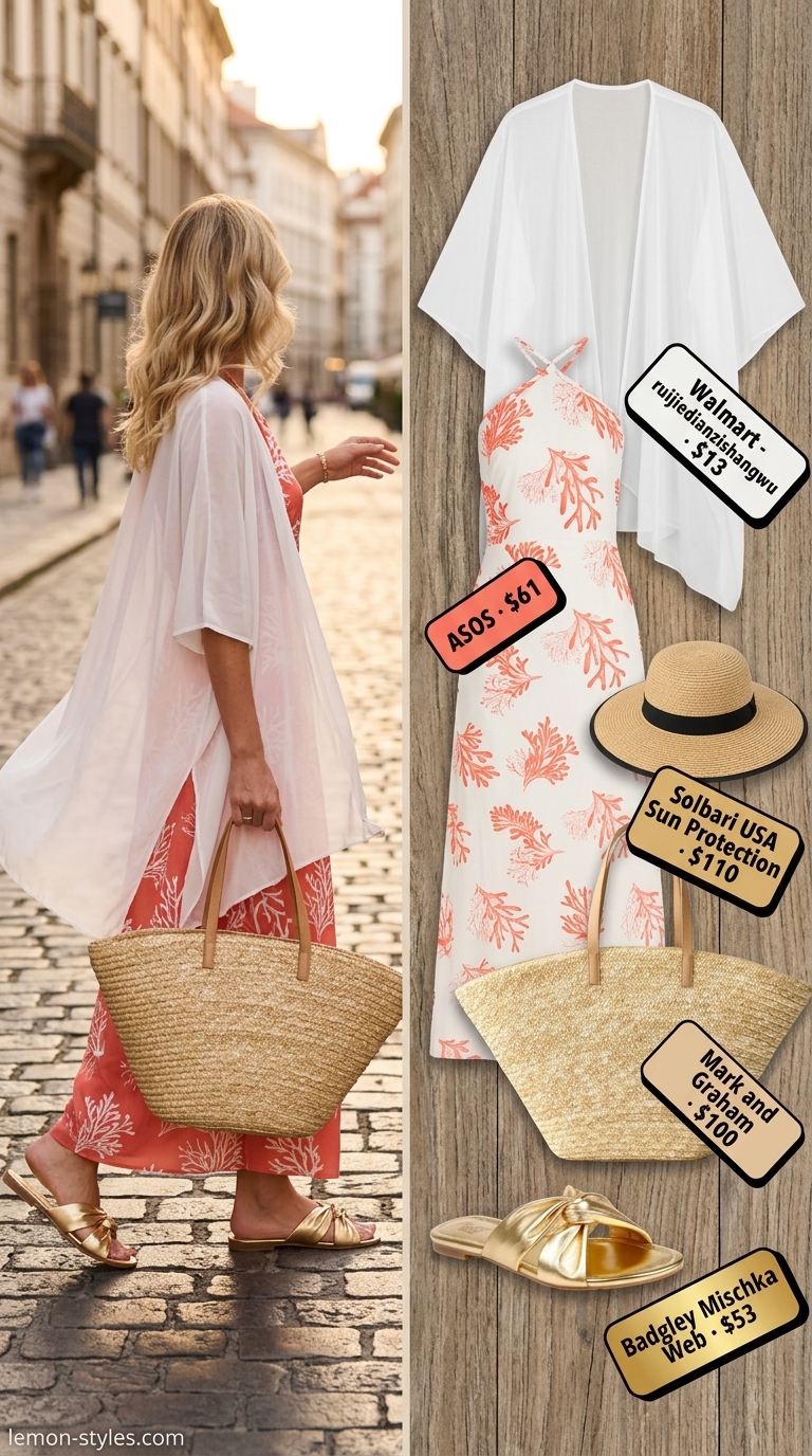 Stylish airport outfits summer for women 2026: Coral maxi dress, kimono cover-up, straw hat for beach vacation.