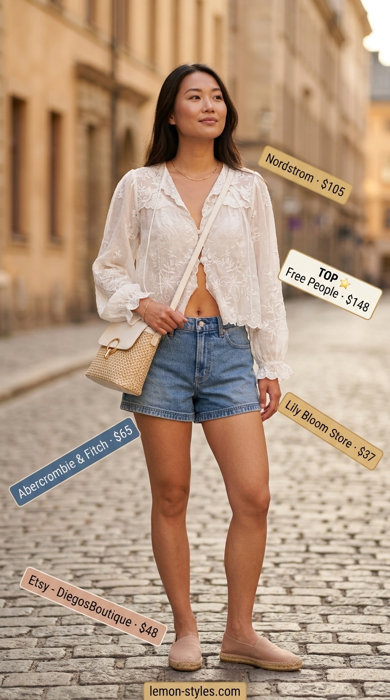 Stylish airport outfits summer for women 2026: Denim shorts, white blouse, espadrilles for coastal town visit.