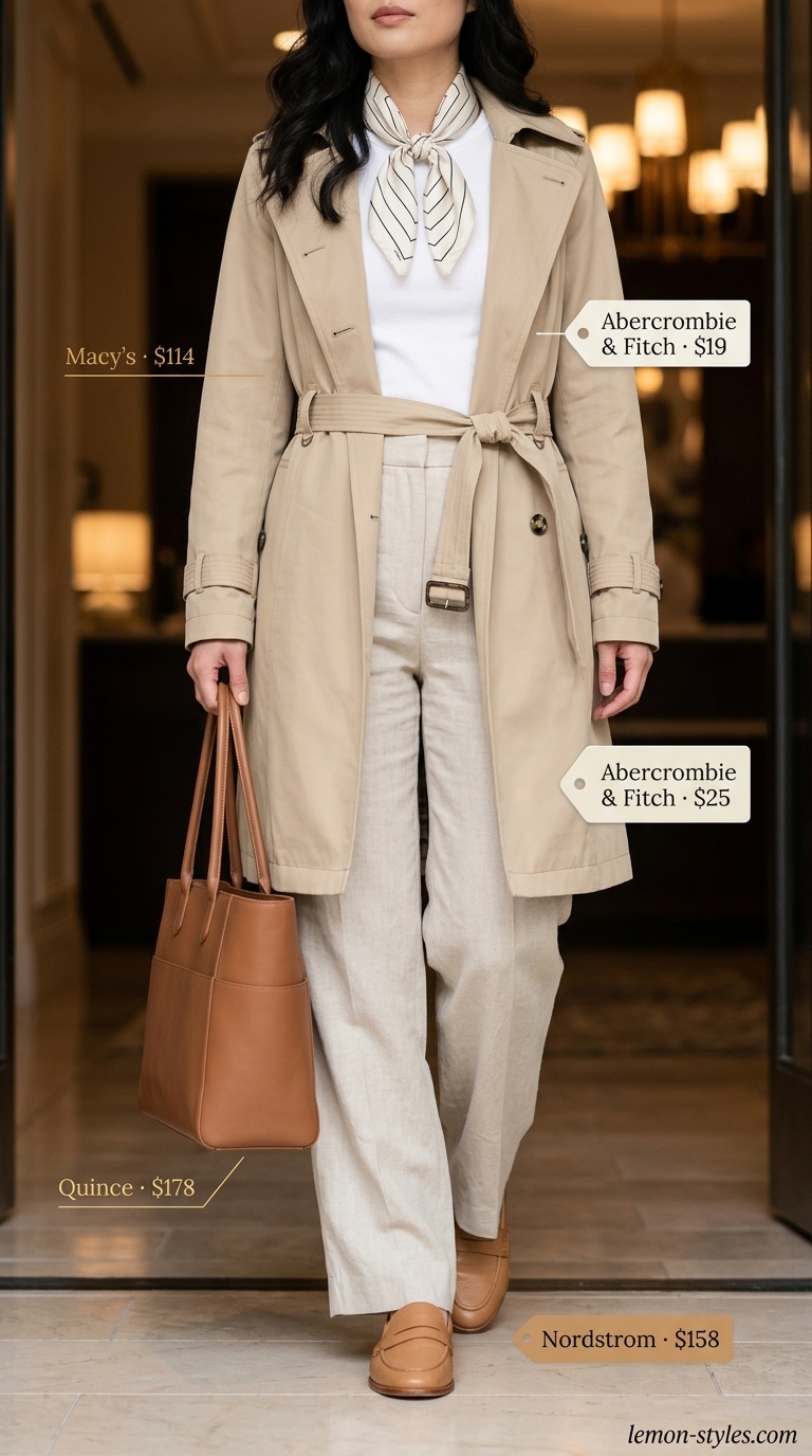 Stylish airport outfits summer for women 2026: Beige trench coat, cream tee, wide-leg trousers, loafers, and silk scarf.
