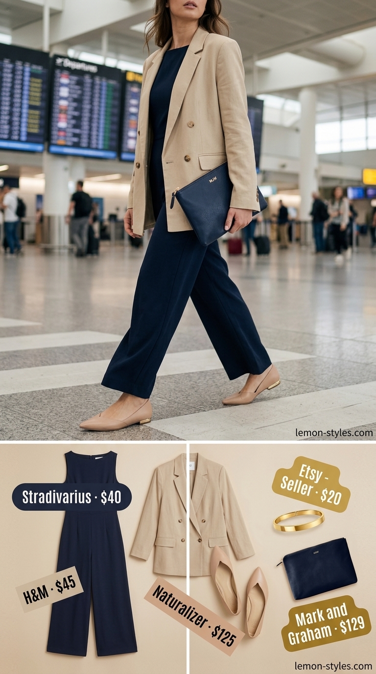 Stylish airport outfits summer for women 2026: Navy jumpsuit, beige blazer for polished travel.