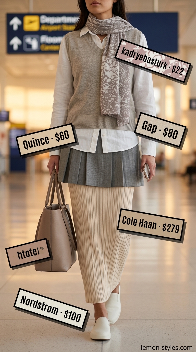 Stylish airport outfits summer for women 2026: Knit midi dress, oversized shirt, sneakers for first-class comfort.