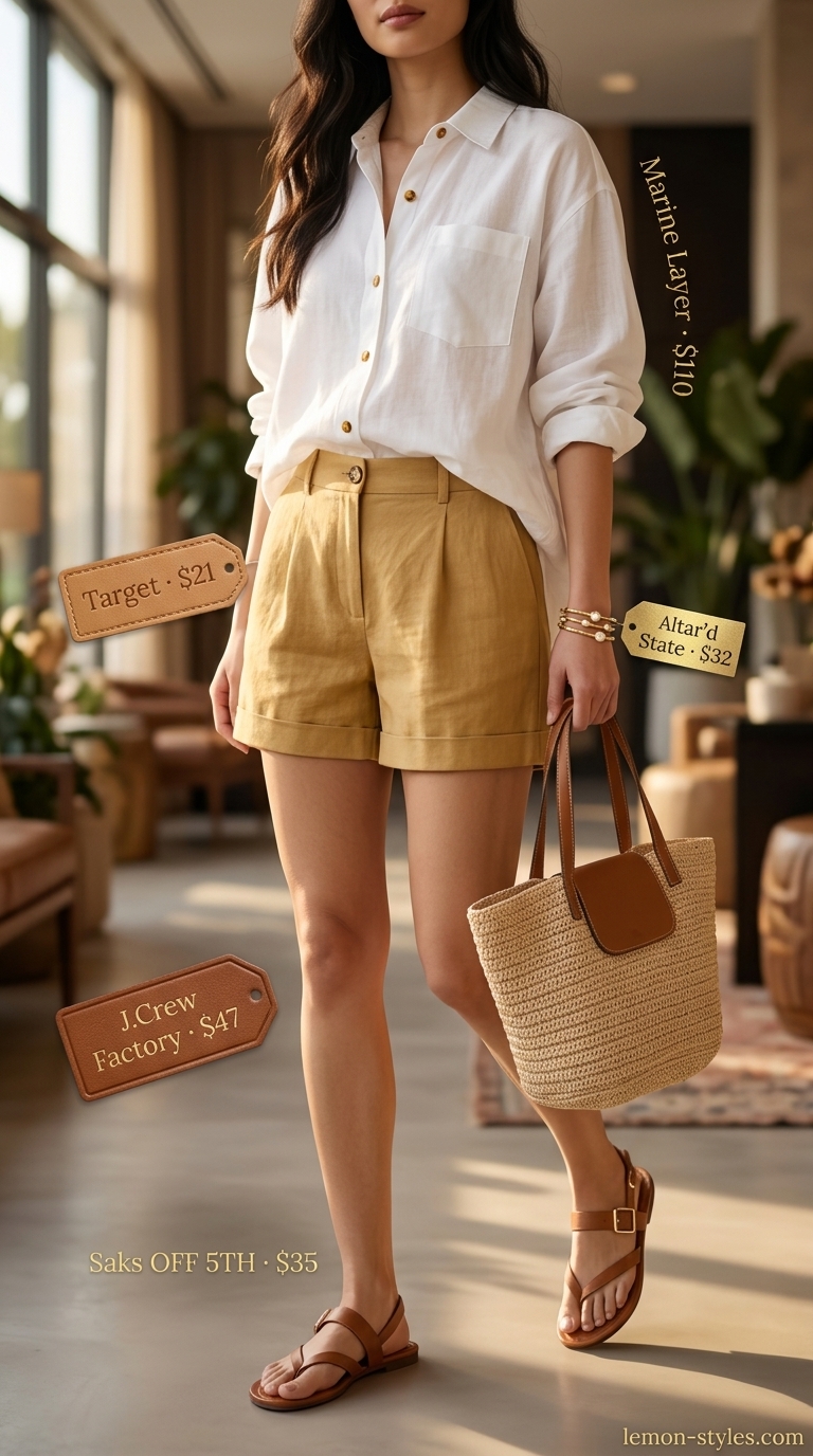 Stylish airport outfits summer for women 2026: Linen shorts, white oversized shirt, and flat leather sandals for beach vacation.