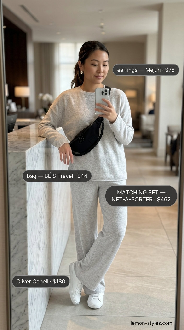 Stylish airport outfits summer for women 2026: Grey lounge set, white sneakers, nylon belt bag for comfortable travel.