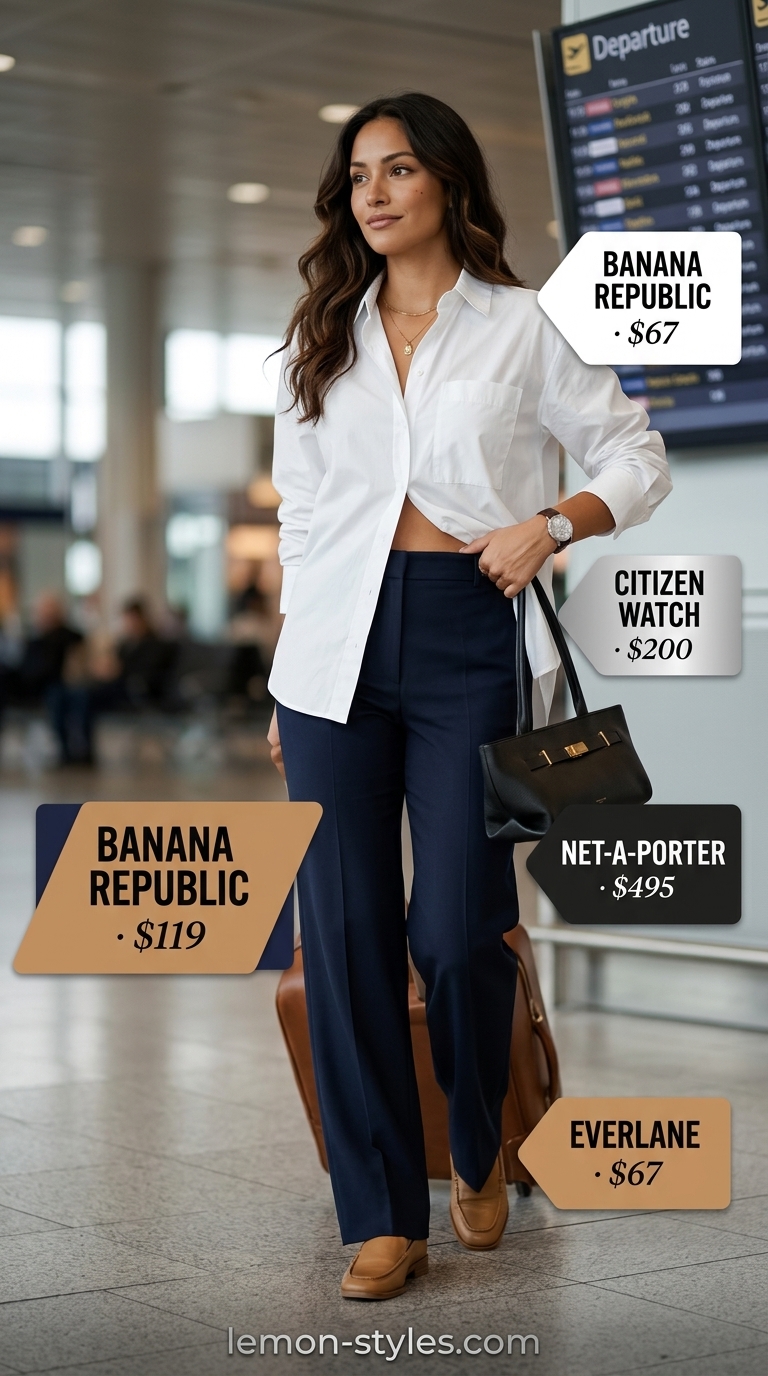 Stylish airport outfits summer for women 2026: White shirt, navy trousers, tan loafers for European city travel.