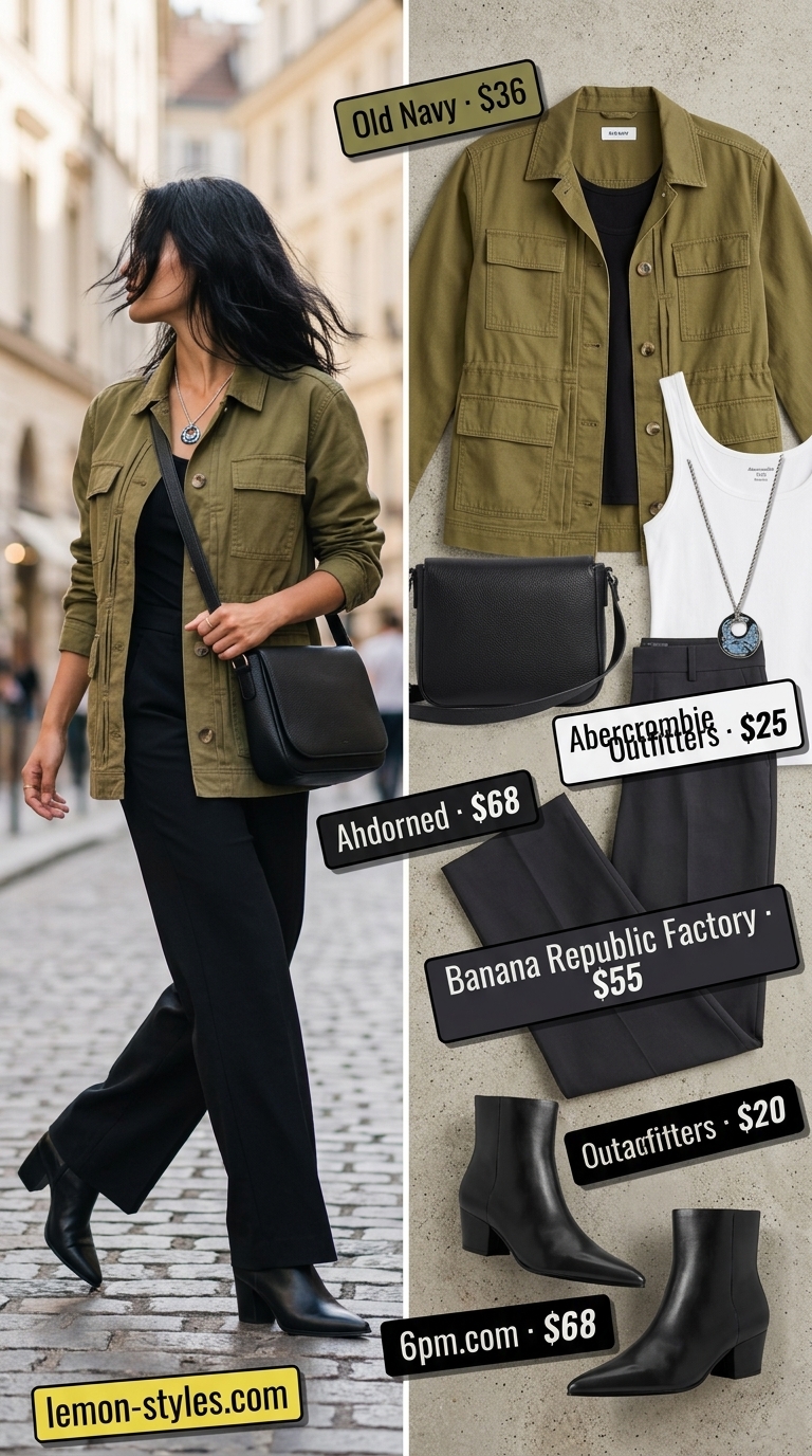 Stylish airport outfits summer for women 2026: Olive green pants, utility jacket, black tank for city exploration.