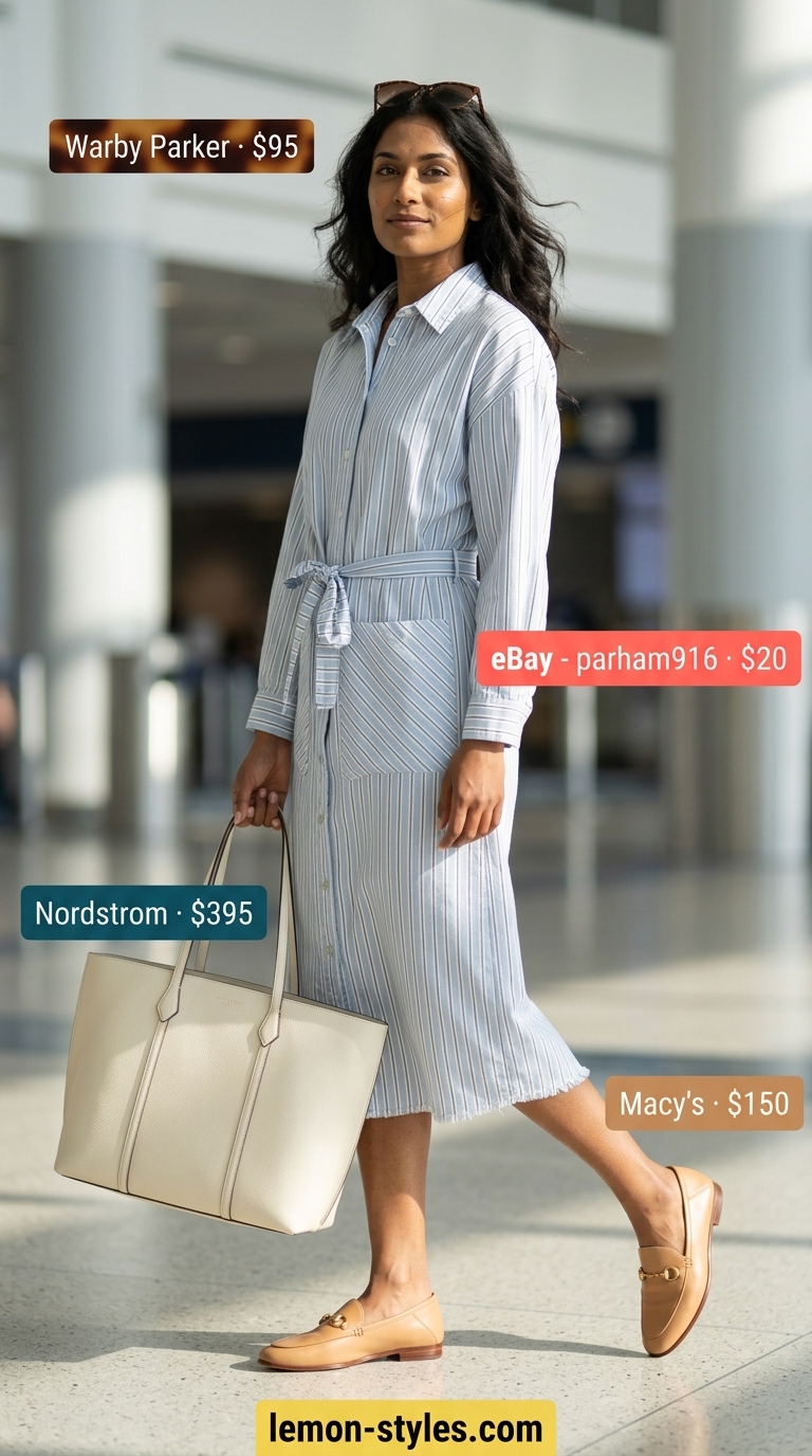 Stylish airport outfits summer for women 2026: Light blue stripe shirt dress with leather loafers and structured tote.