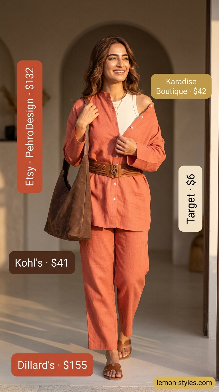 Stylish airport outfits summer for women 2026: Terracotta linen set with cream tank, layered necklaces, and brown slides.
