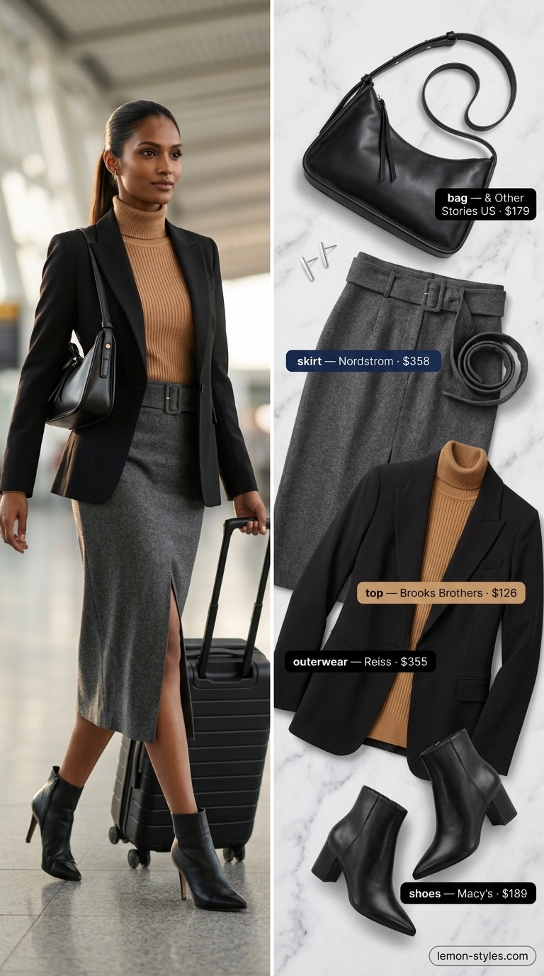 Stylish airport outfits summer for women 2026: Grey skirt, black turtleneck, blazer for sophisticated travel.