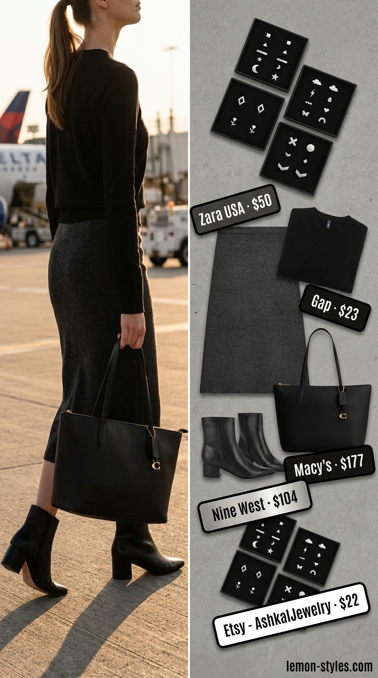 Stylish airport outfits summer for women 2026: Grey knit midi skirt, black sweater, ankle boots, and tote for transitional weather.