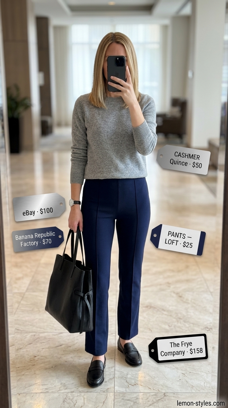 Stylish airport outfits summer for women 2026: Grey knit sweater, navy pants, black loafers for travel comfort.
