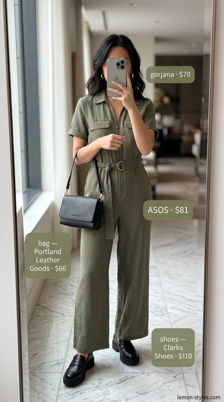 Stylish airport outfits summer for women 2026: Olive jumpsuit, loafers, crossbody bag for utility chic.