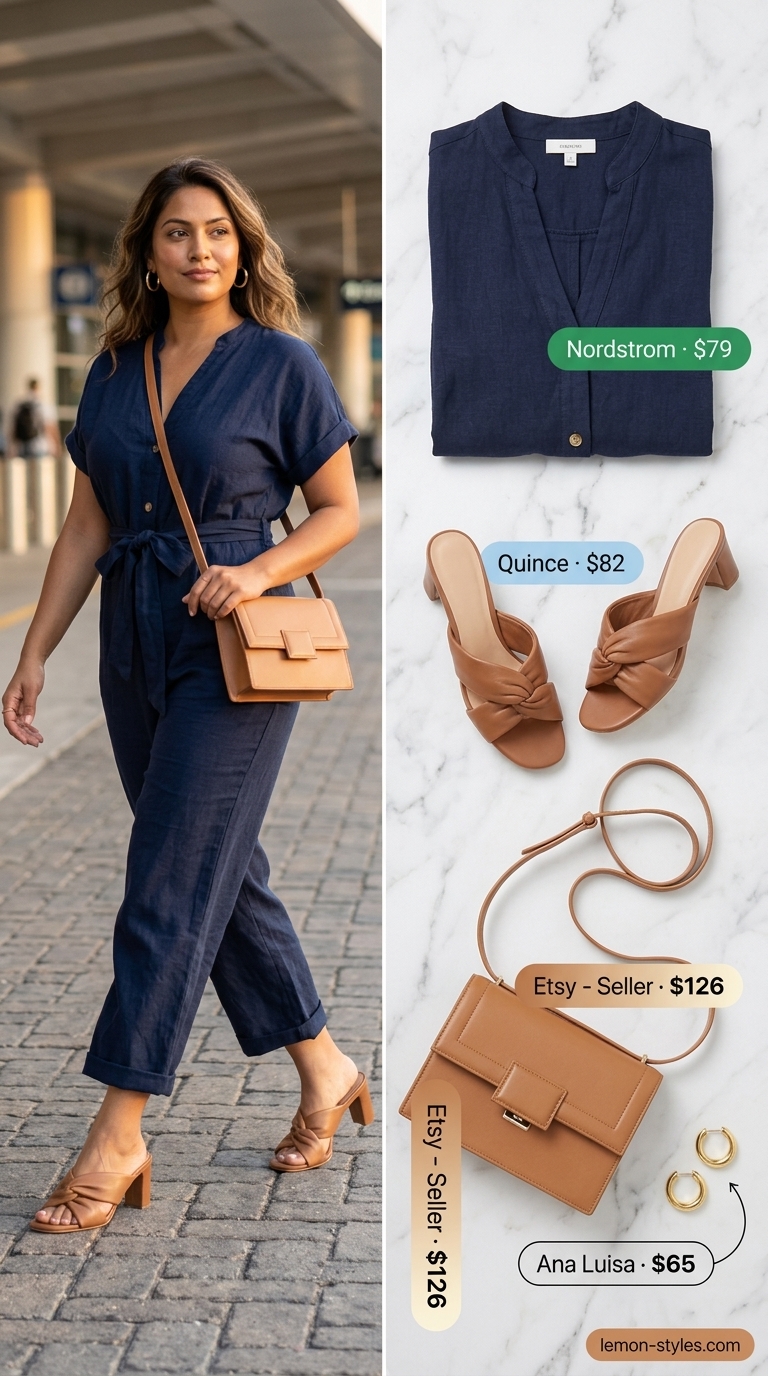 Stylish airport outfits summer for women 2026: Chic navy jumpsuit with tan mules and white crossbody bag for brunch or travel.
