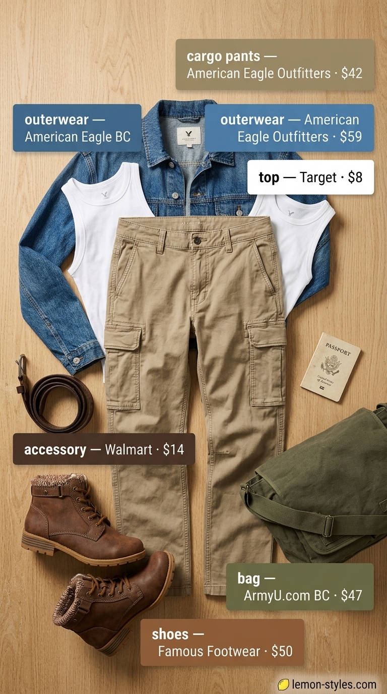 Stylish airport outfits summer for women 2026: Khaki cargo pants, denim jacket, boots for weekend explorer.