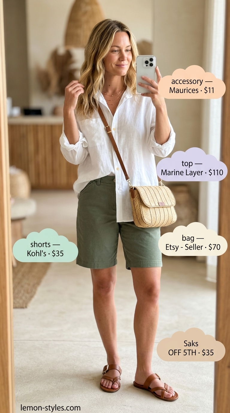 Stylish airport outfits summer for women 2026: Olive shorts, linen shirt, tan sandals for vacation.