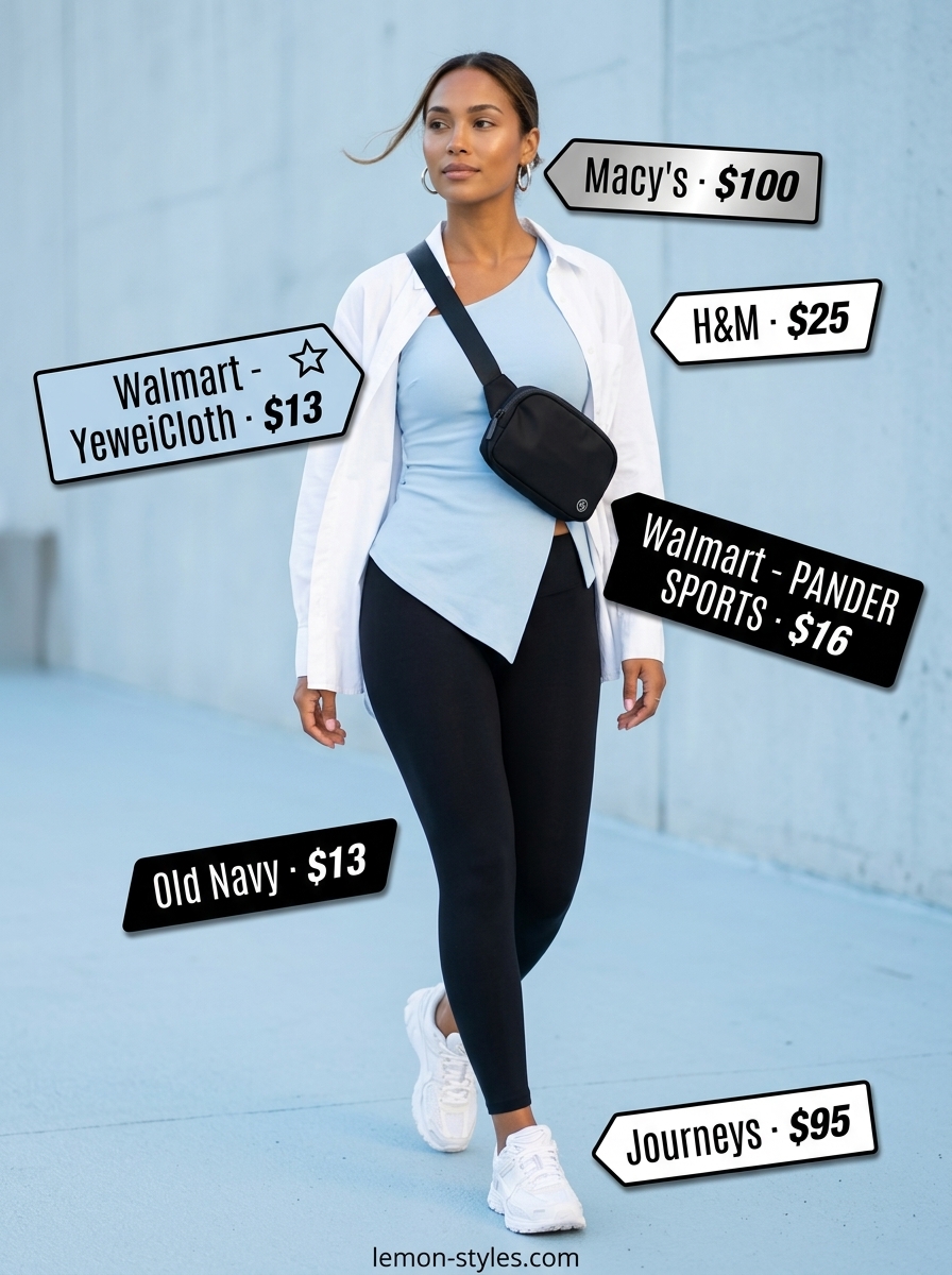 Summer Asymmetric Neck outfits for women 2026: Pale blue modal tank, white oversized shirt, black leggings, white sneakers, silver hoops.