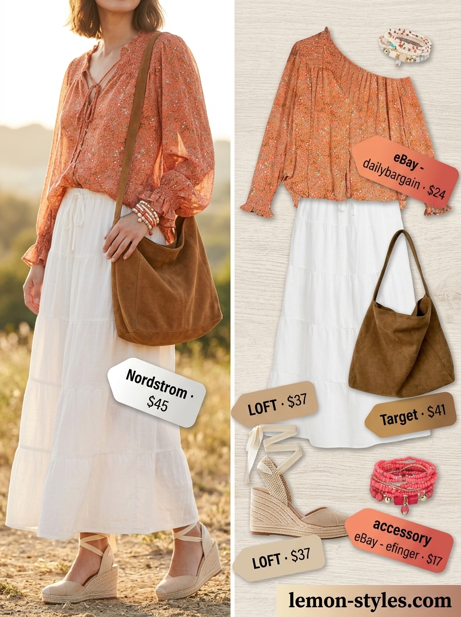 Summer Asymmetric Neck outfits for women 2026: Floral peasant top, cream maxi skirt, espadrille wedges, beaded bracelets.