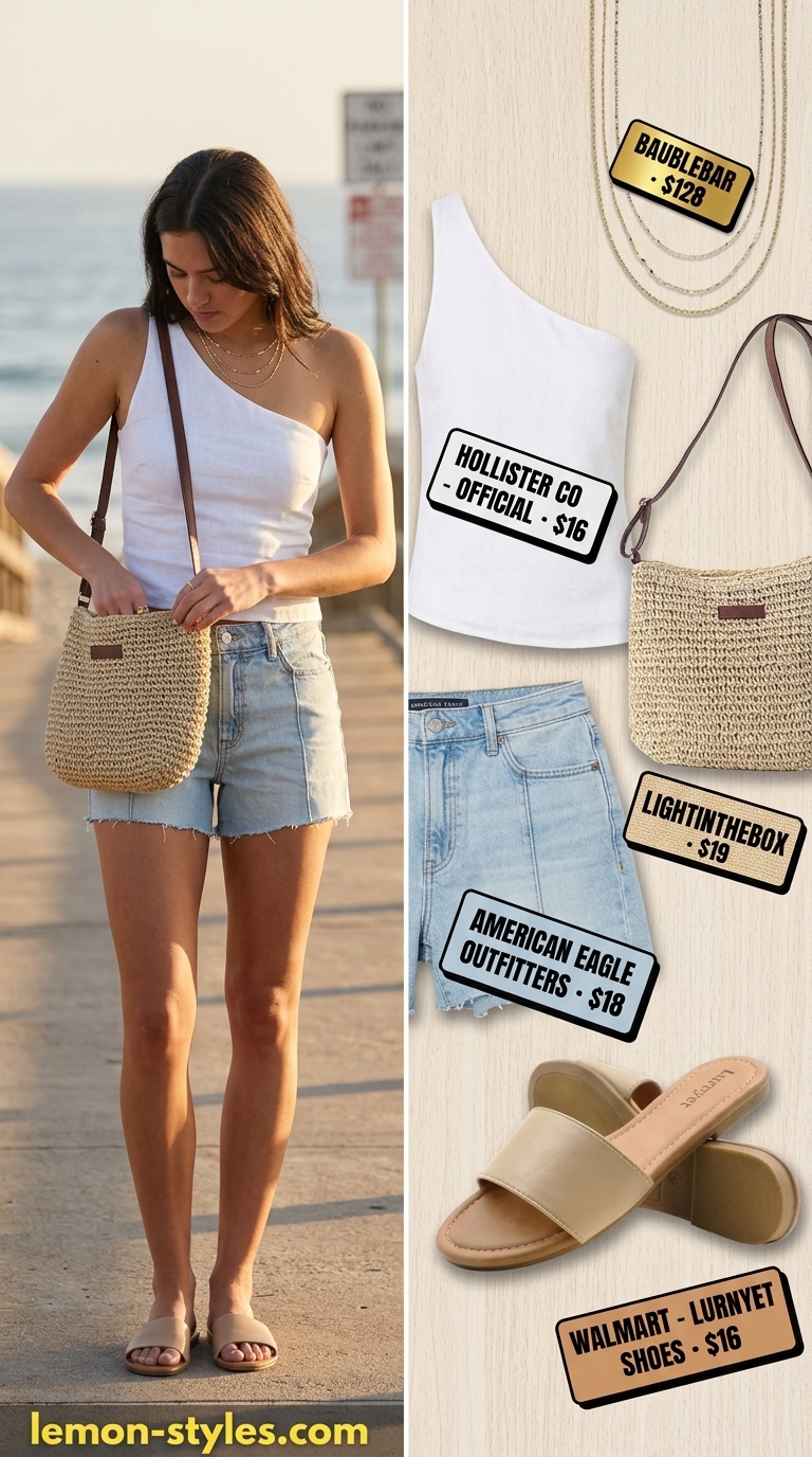 Summer Asymmetric Neck outfits for women 2026: White one-shoulder tank, light wash denim shorts, tan slide sandals, straw bag.