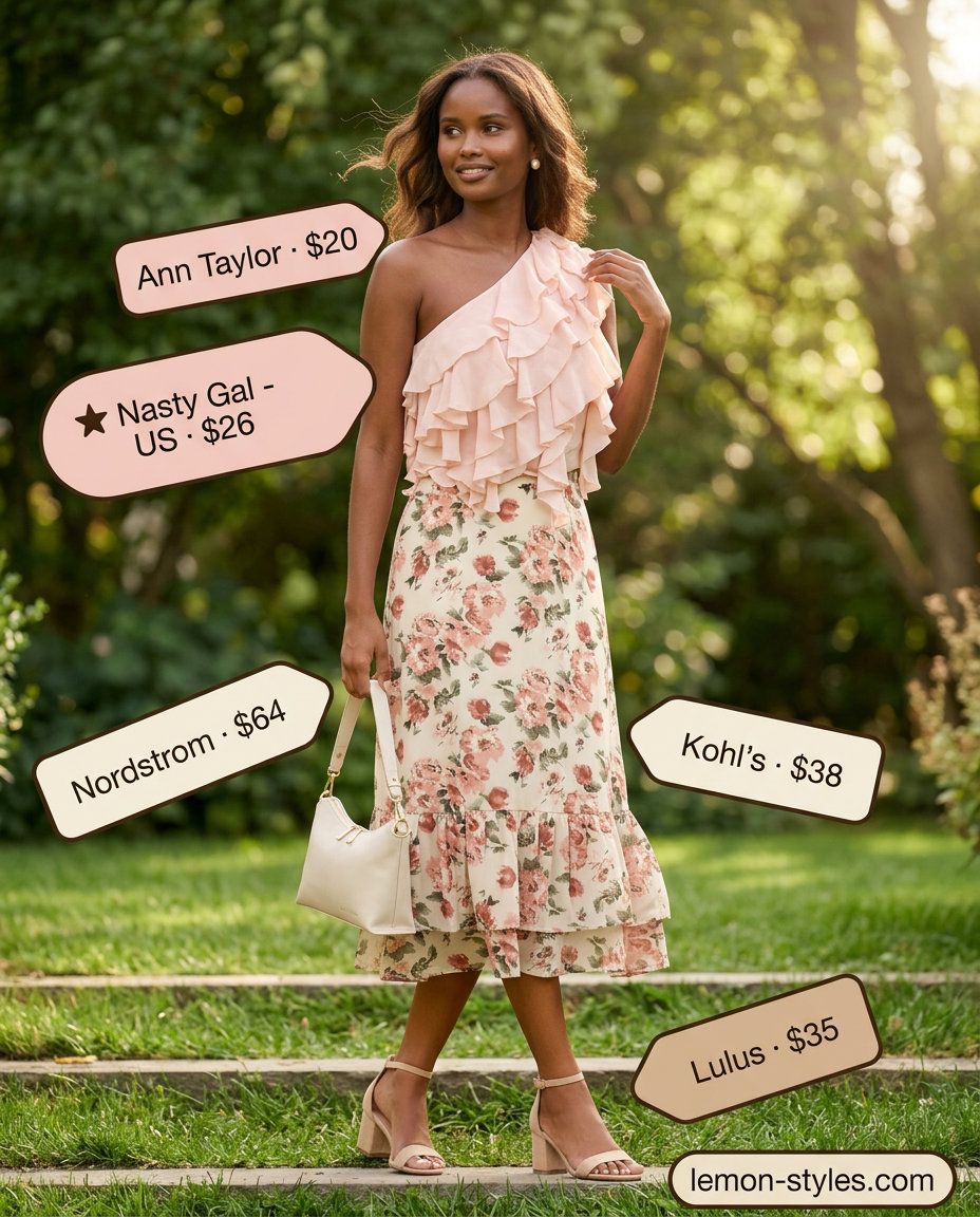 Summer Asymmetric Neck outfits for women 2026: Blush pink ruffle top, floral midi skirt, block heel sandals, pearl studs.