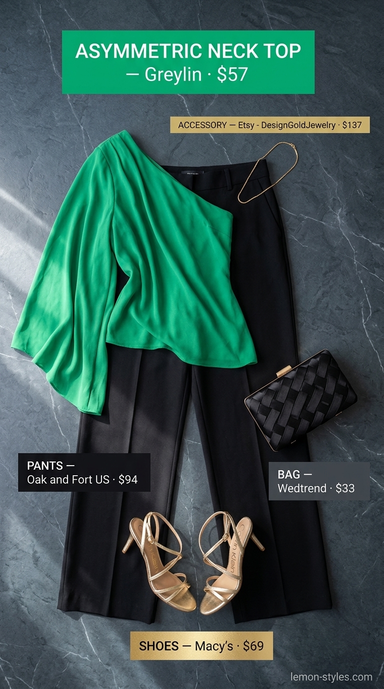 Summer Asymmetric Neck outfits for women 2026: Emerald green one-shoulder top, black trousers, gold sandals, gold necklace.
