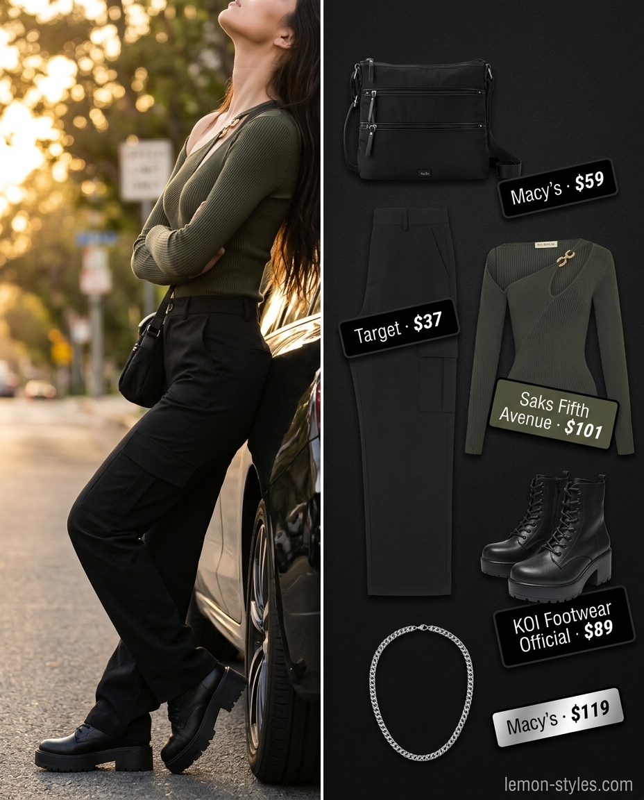 Summer Asymmetric Neck outfits for women 2026: Olive green one-sleeve tee, black cargo pants, combat boots, silver necklace.