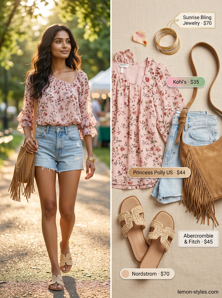 Boho Summer Dream: Floral asymmetric neck blouse with denim shorts for casual summer outfits 2026.