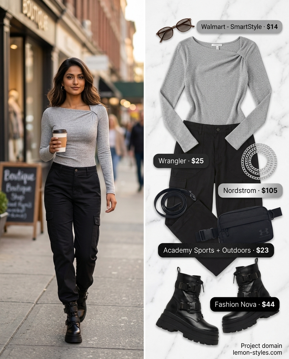 Charcoal grey asymmetric neck top with black cargo pants for urban edgy style Asymmetric Neck outfits for women 2026.